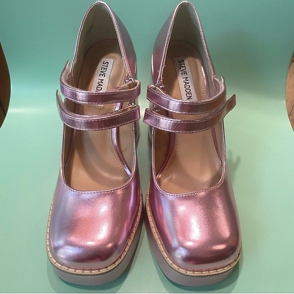 [Steve Madden] Twice Mary Jane Metallic Pink Platform Pumps Women's Sz 6.5 - Picture 4 of 5